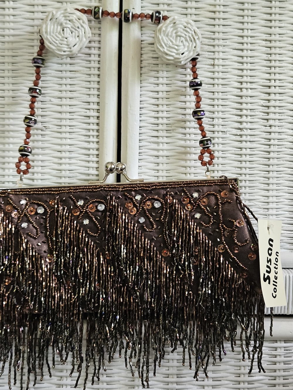 Sean Collection Brown Beaded Fringe Evening Clutch
